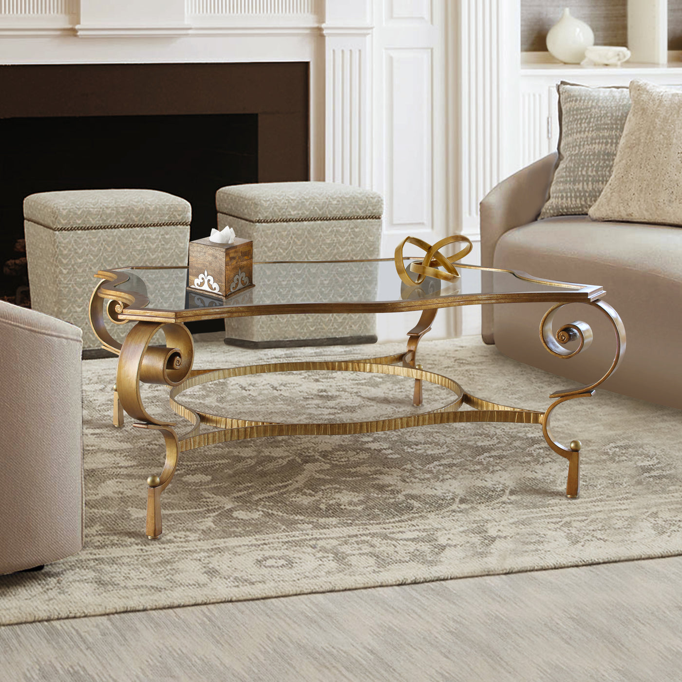 A neo-classical handmade wrought iron coffee table in a contemporary  living space