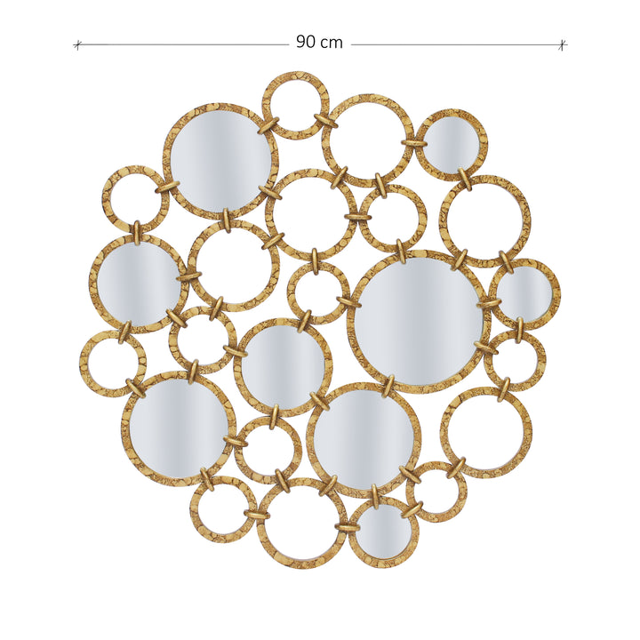 A modern mirror made of a combination of metal rings joined together and painted in an antique golden finish; with annotated dimensions