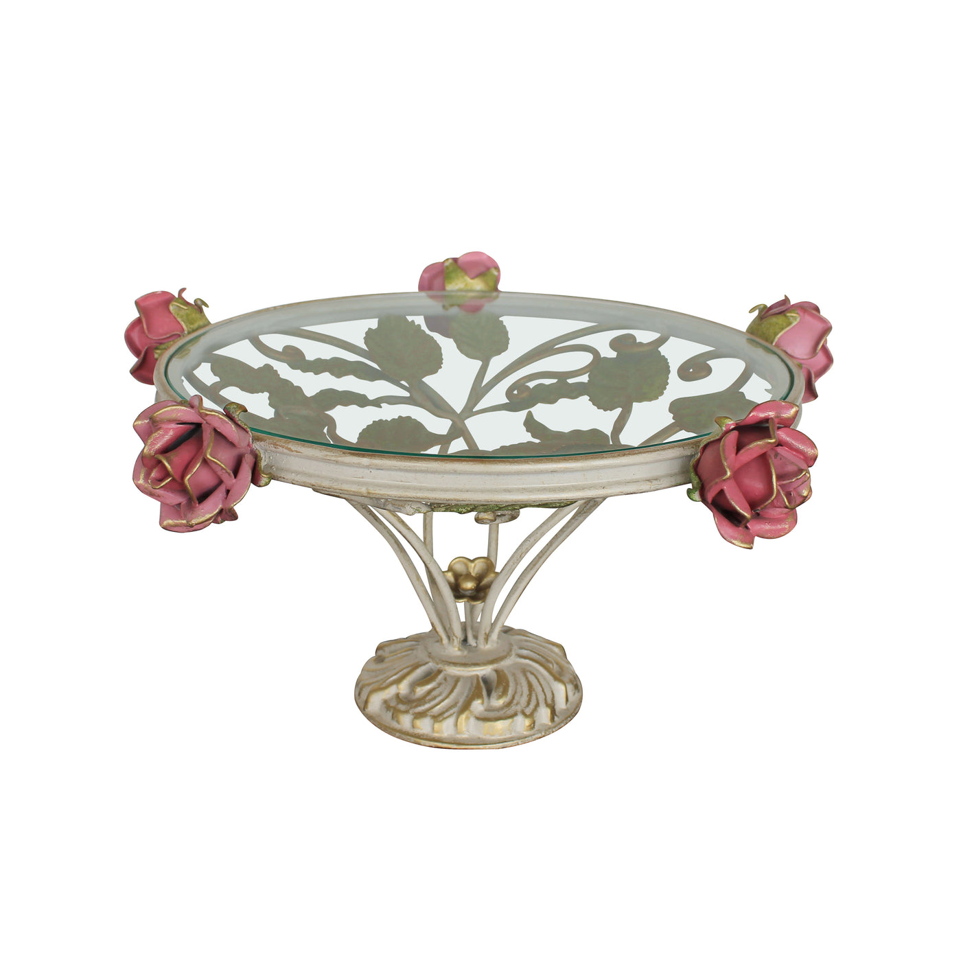 A decorative cake stand with a base adorned with leaves and roses inspired from nature topped with a round clear glass