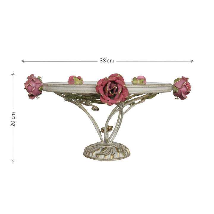 Frontal view of floral-design cake stand inspired by nature with annotated dimensions