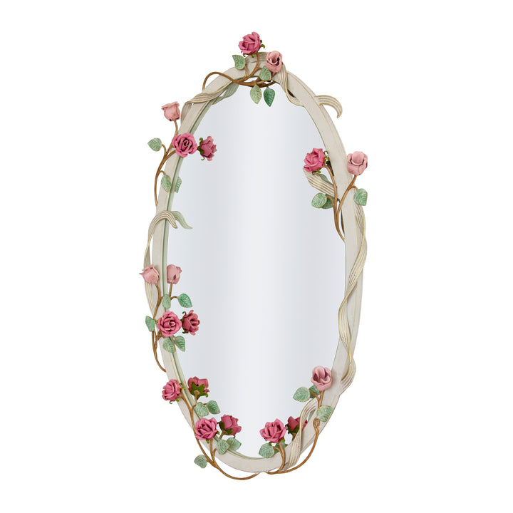 An oval shaped mirror with a wreath of metal-forged branches with pink roses wrapped along its border