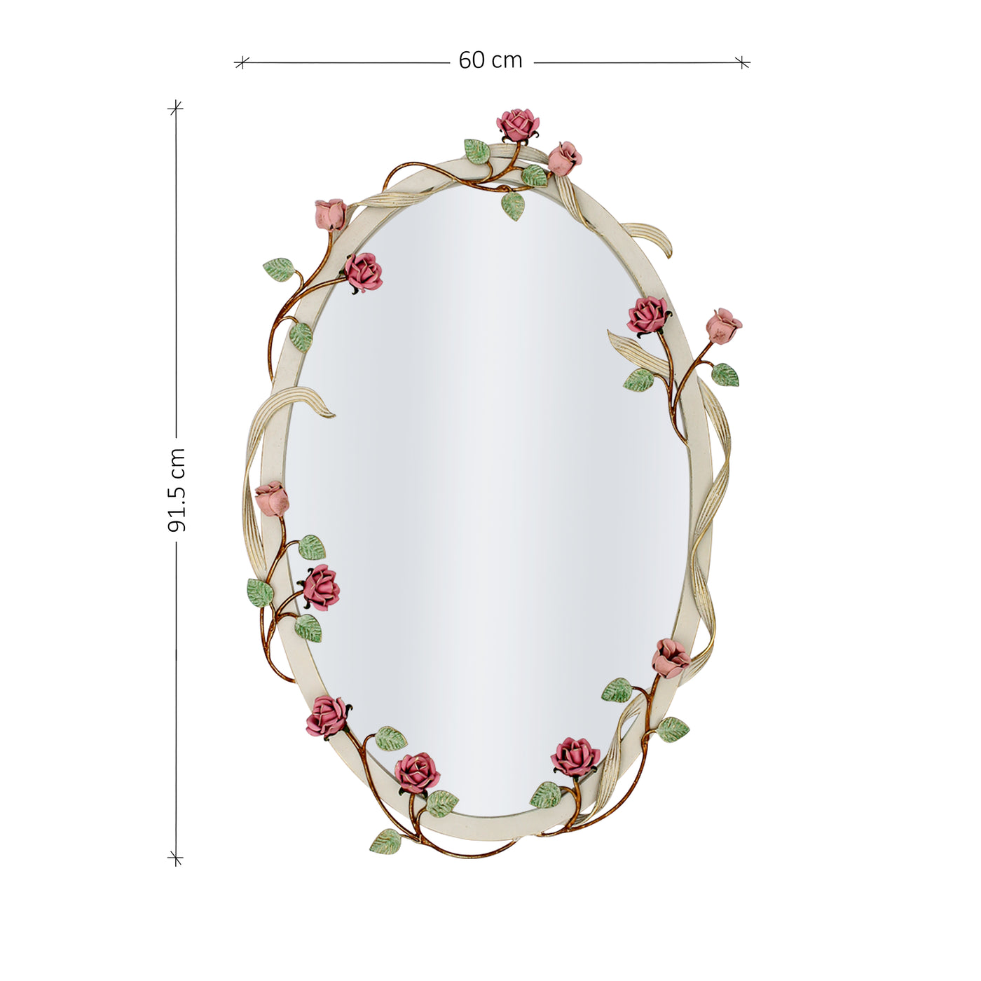 An oval shaped mirror with a wreath of pink roses and green leaves wrapped along its border; with annotated dimensions
