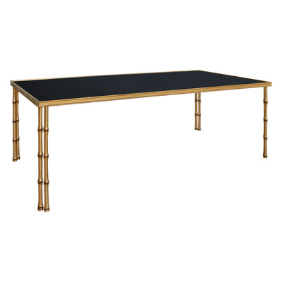 Sideview of bamboo themed center table with black glass top