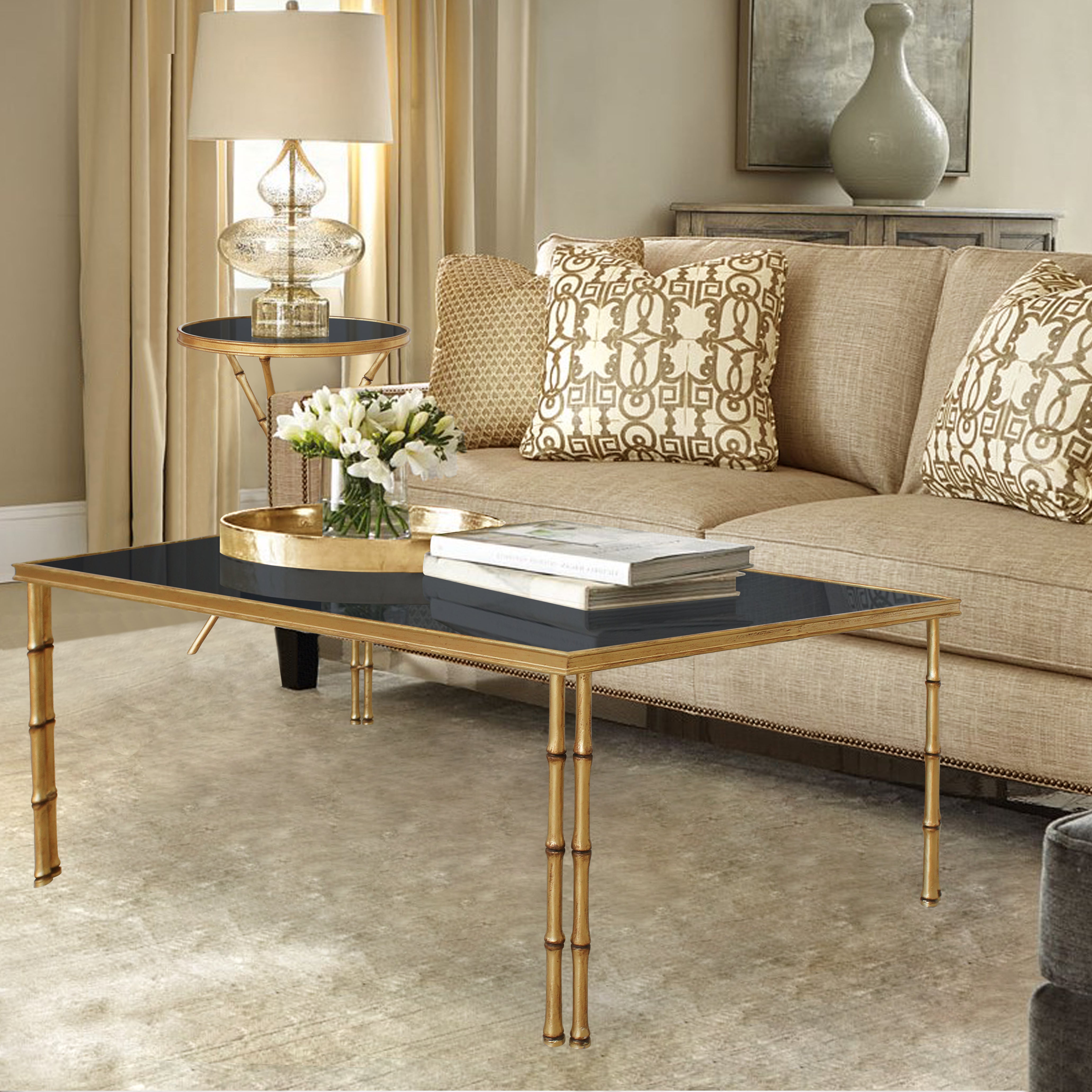 Ruby Center Table – Rectangular Black Glass & Bamboo-Inspired Base ...