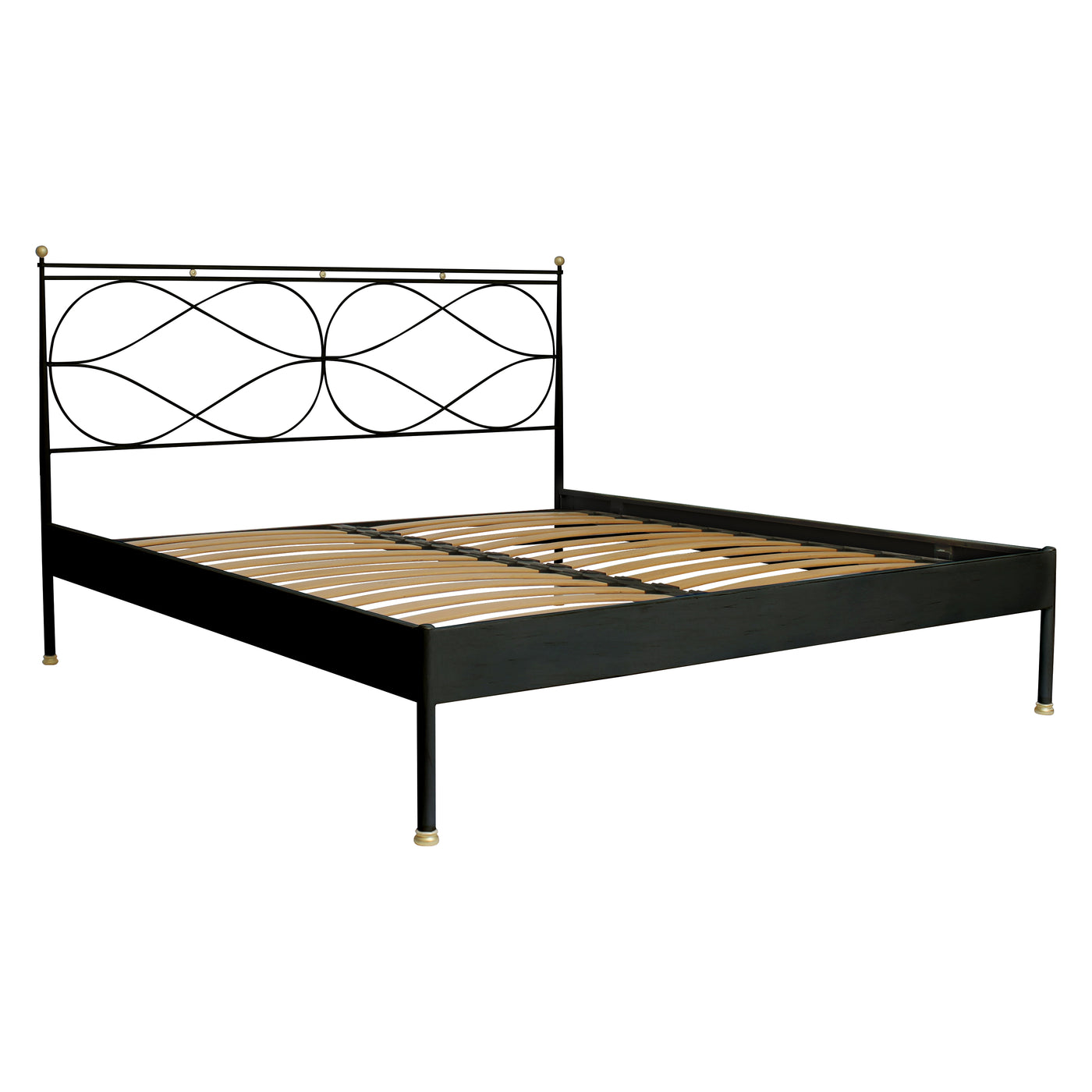 A contemporary metal king sized bed painted in black and hints of gold