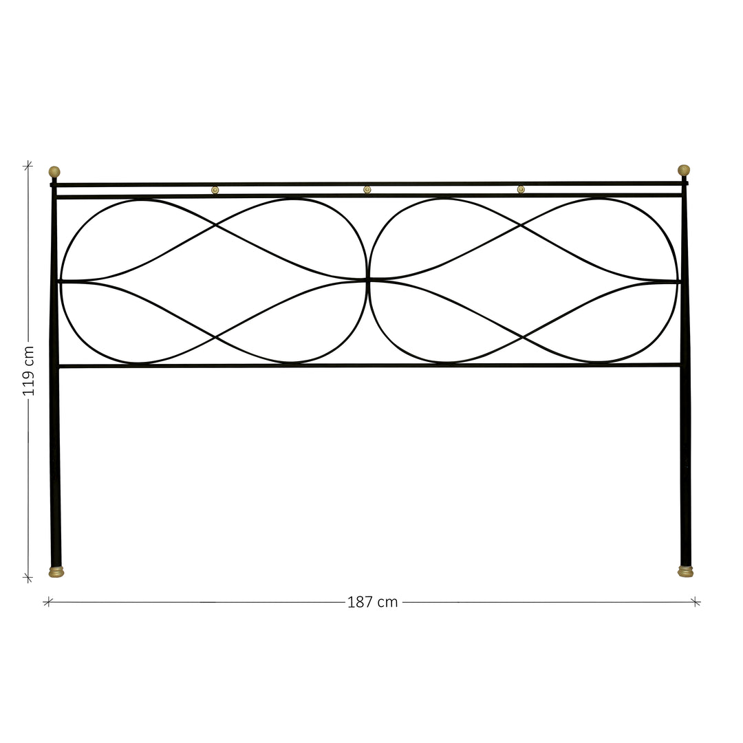 A modern metal double bed painted in black and hints of gold; with annotated dimensions