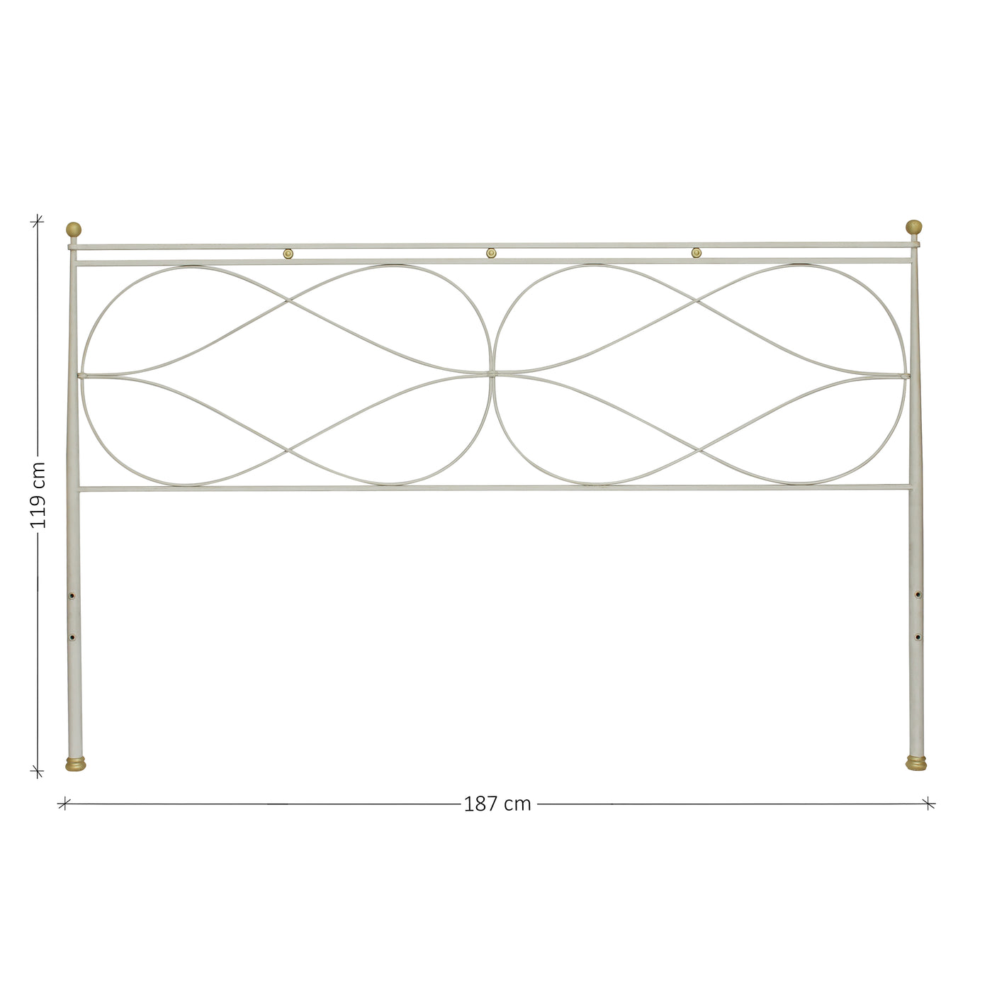 A modern metal double bed painted in white and hints of gold; with annotated dimensions