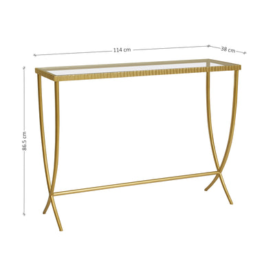 Simple steel console table with a textured upper frame and elegant steel legs, topped with clear glass