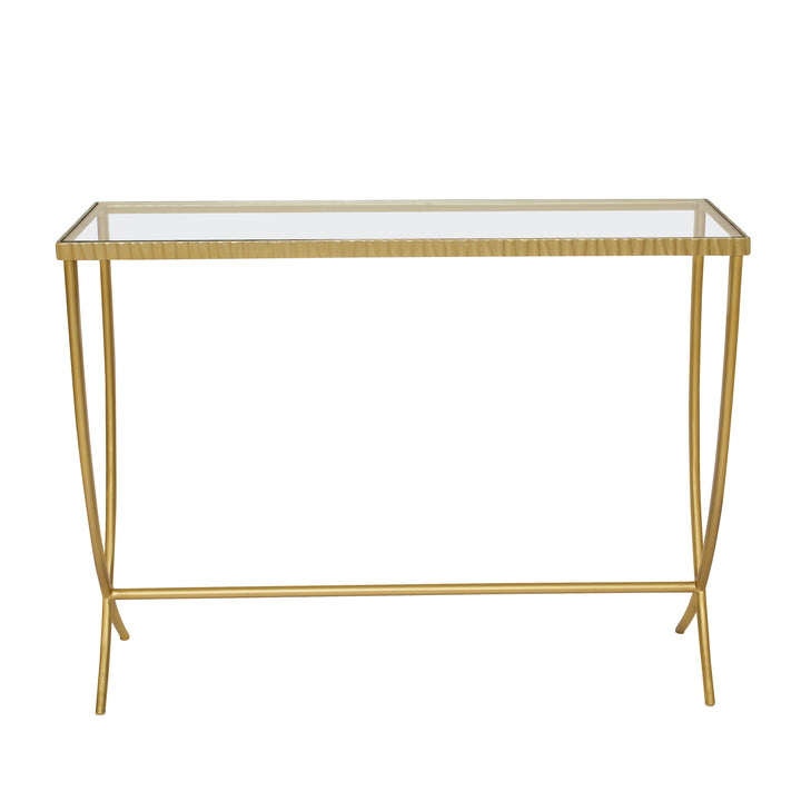Elegant golden console table with embossed edges and curved legs topped with clear glass