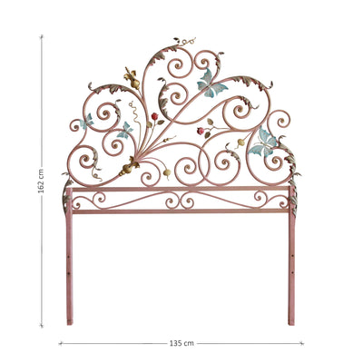 Headboard for a girly single bed with pink scrolls, blue butterflies and red roses; with annotated dimensions