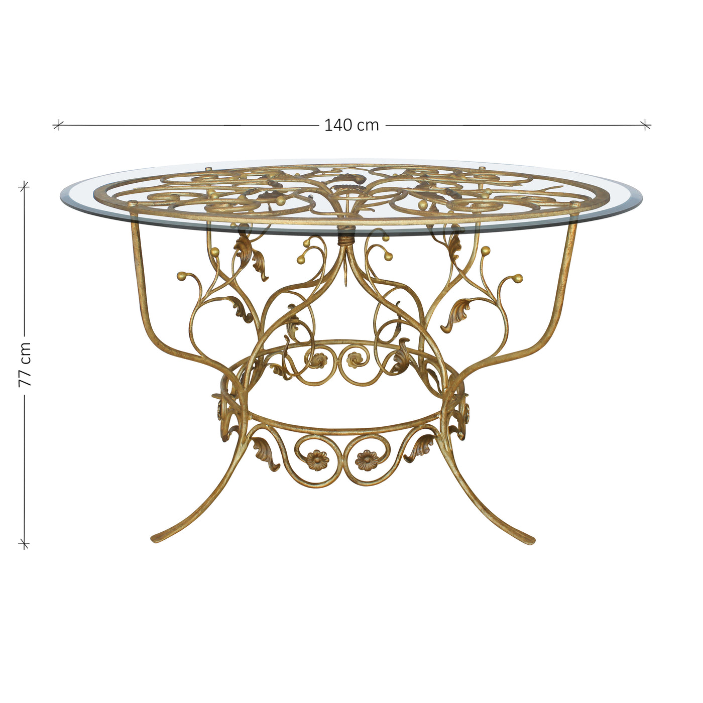 A luxurious round entryway table with a classical metal forged base, topped with a clear circular glass; with annotated dimensions