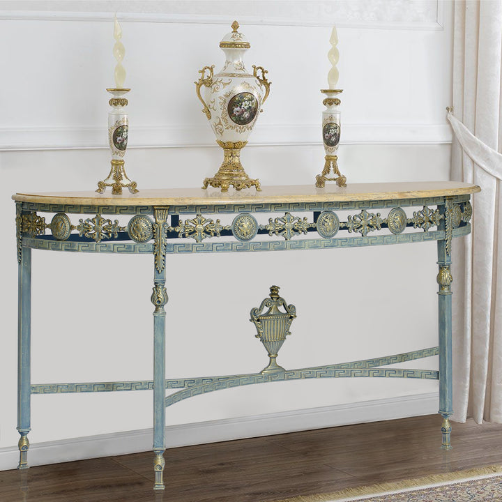 Luxurious wrought iron console table in antique blue finish with marble top