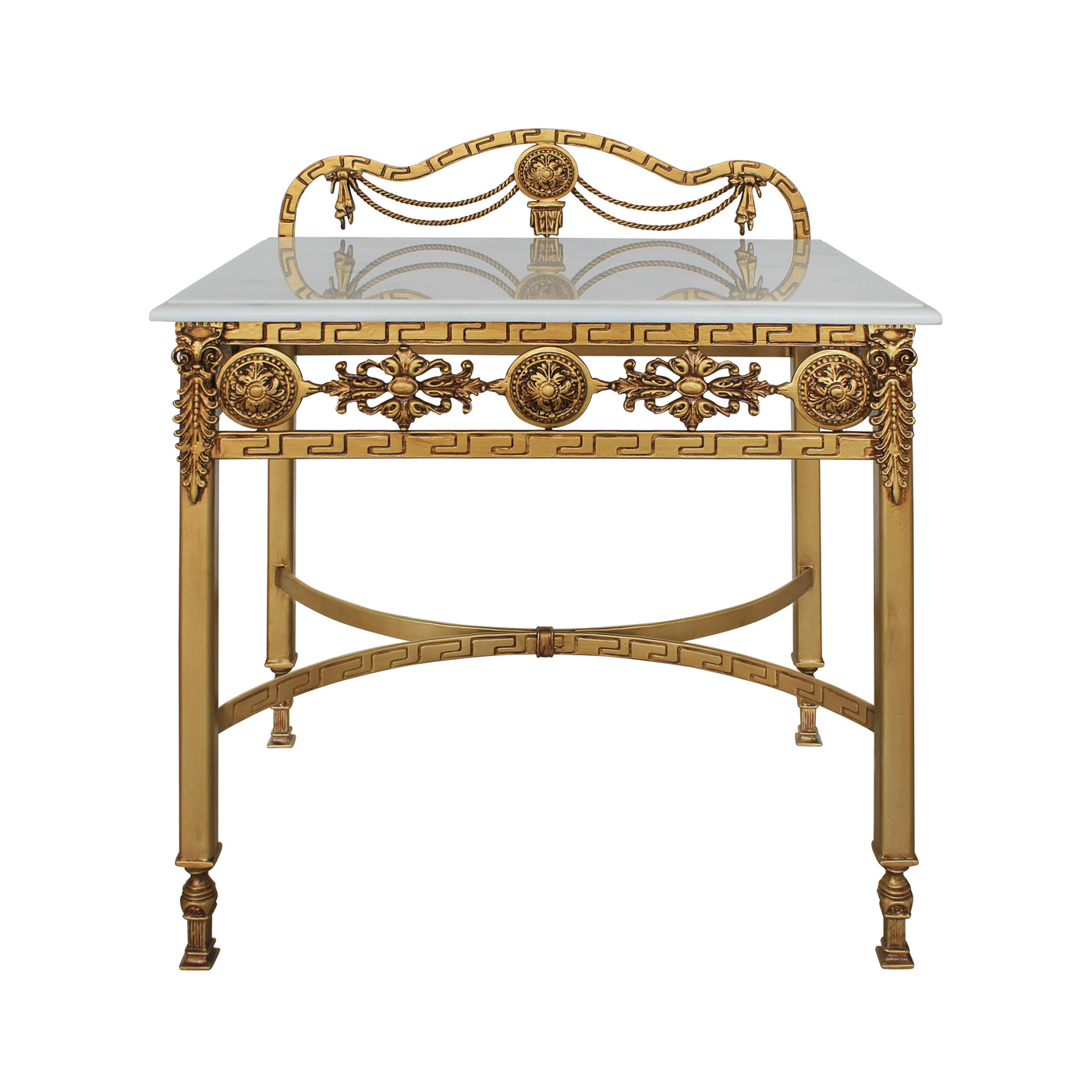 A luxurious rectangular night table in antique golden finish