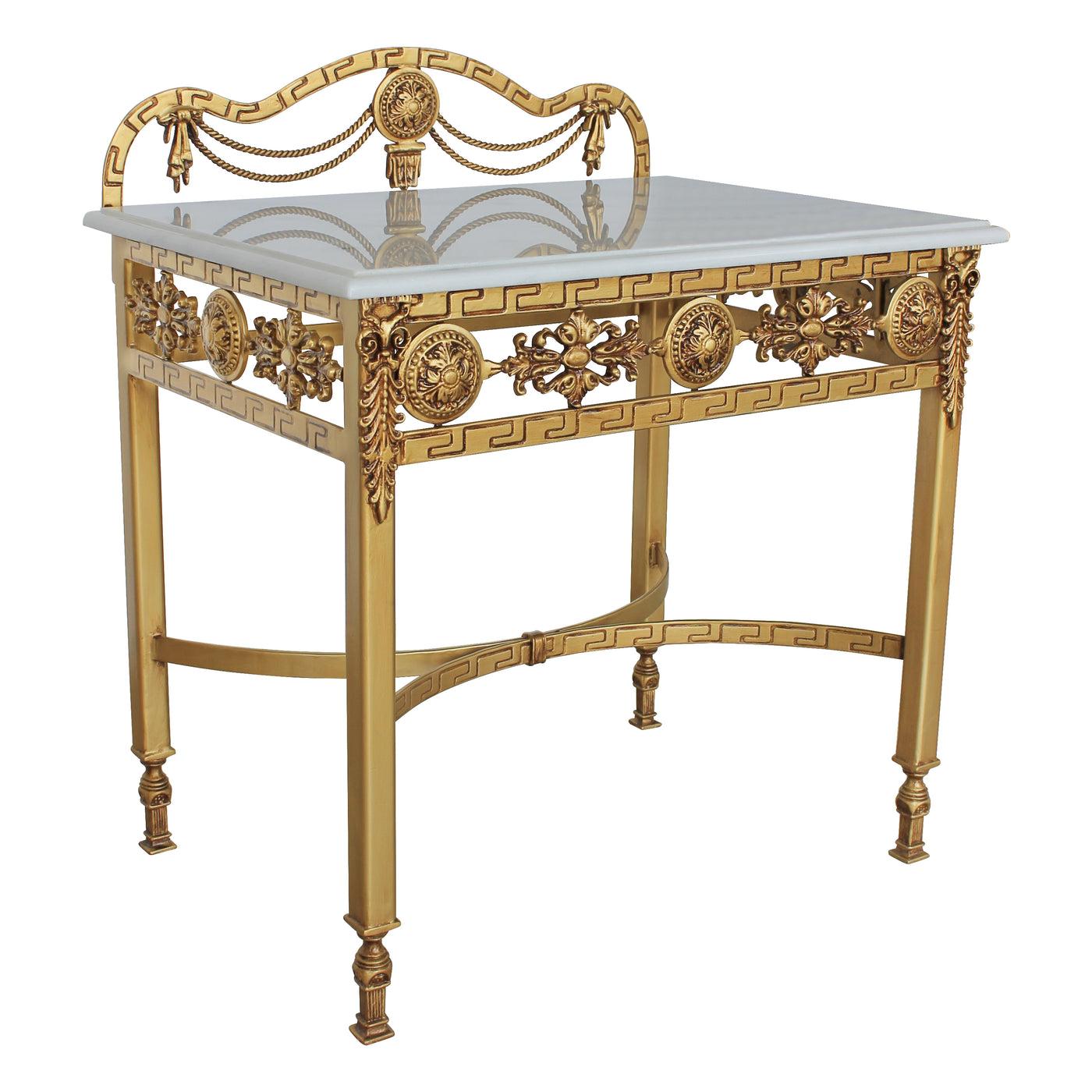 Royal rectangular bedside table with white marble top and antique gold finish