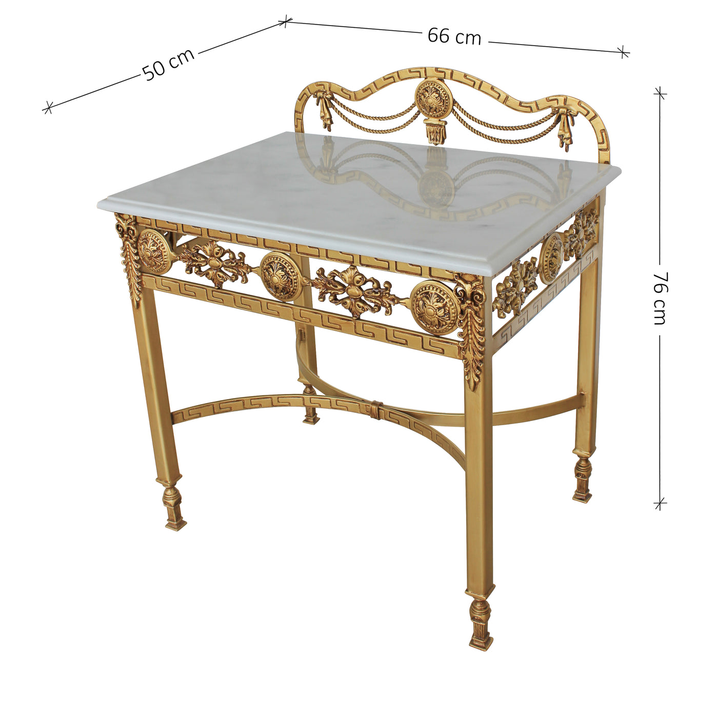 A luxurious night table with white marble top, with annotated dimensions
