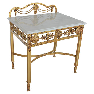 Classical rectangular bedside table with antique gold finish and white marble top