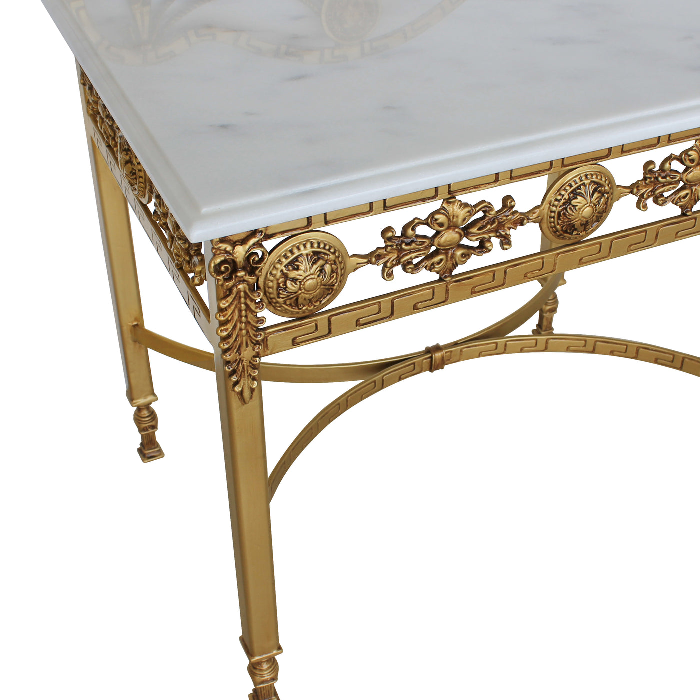 Close up of a classical bedside table with white marble top