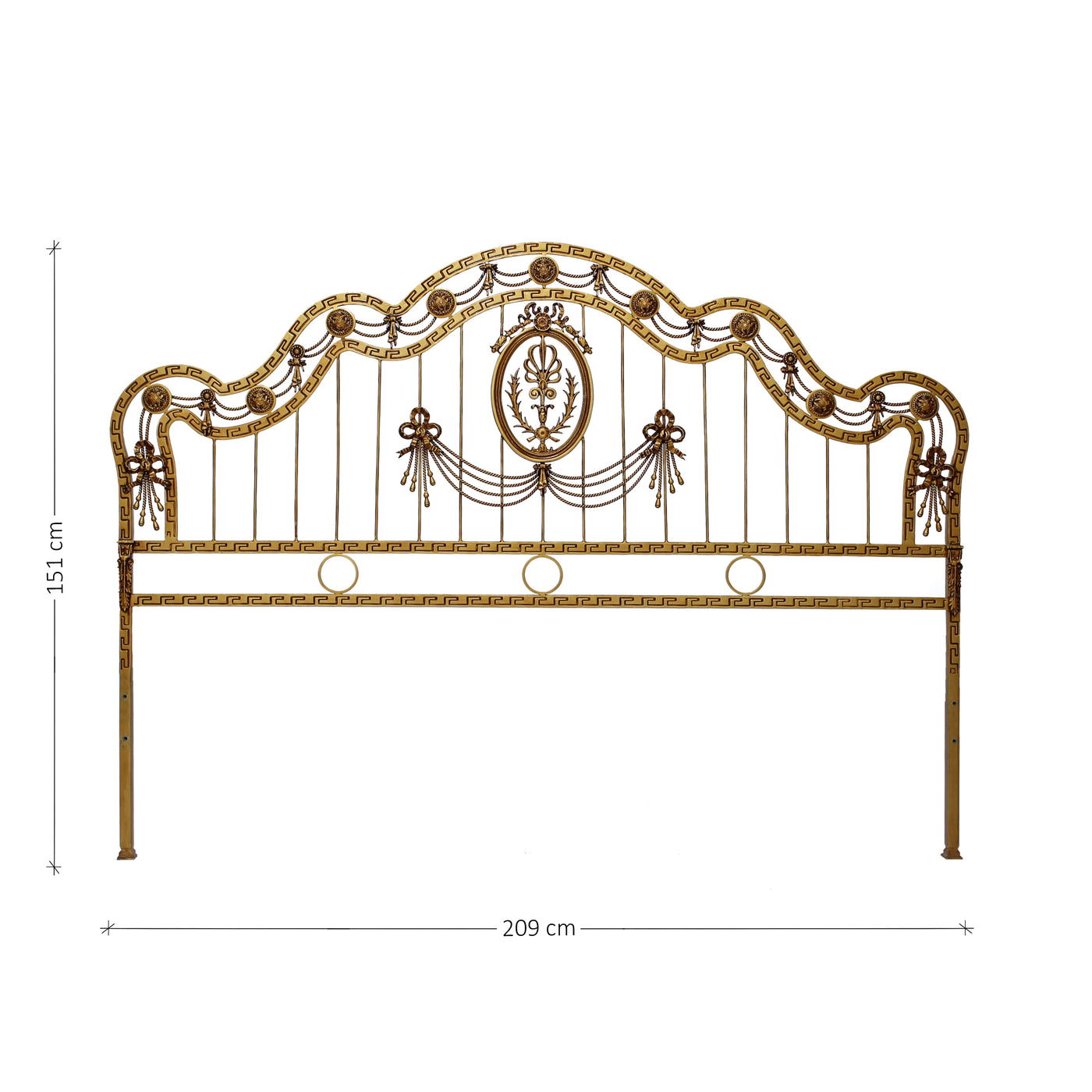 King size wrought iron classical headboard painted in an antique gold finish; with annotated dimensions