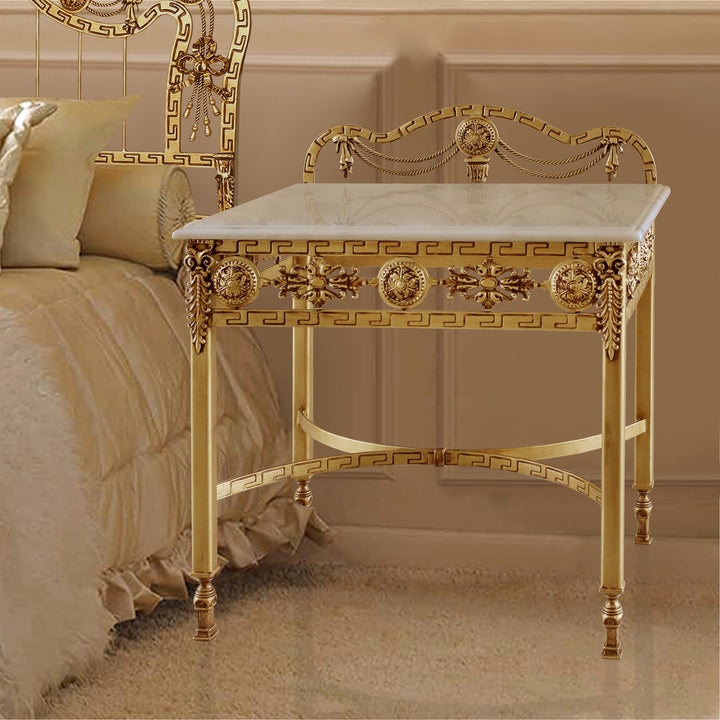 A wrought iron royal nightstand with white marble top