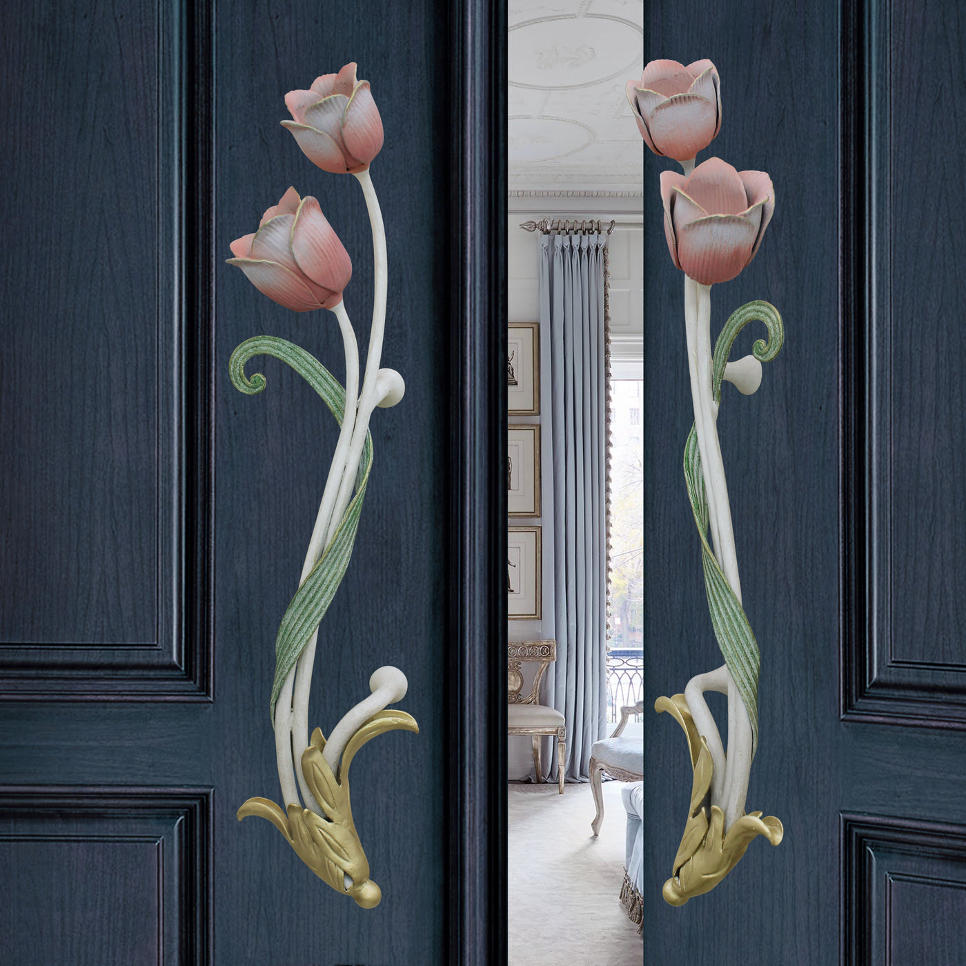 Pair of decorative pull handles inspired by tulips mounted on an opened blue door