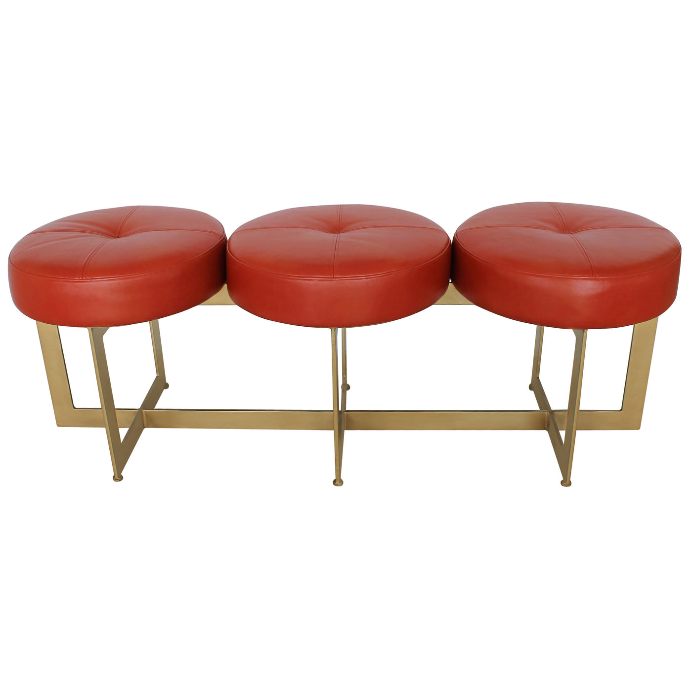 Modern bench with a metal gold base topped with three cushions upholstered in red leather