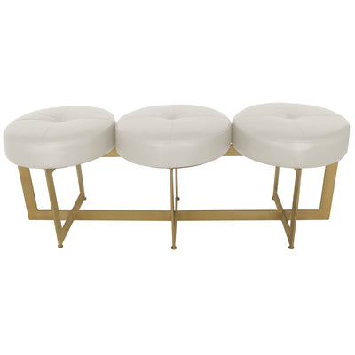 Modern bench with a metal gold base topped with three cushions upholstered in white leather
