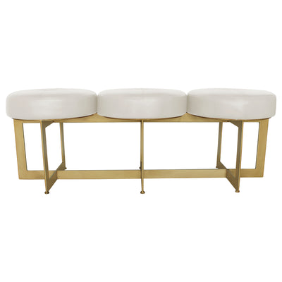 Modern bench with a metal gold base topped with white leather upholstery
