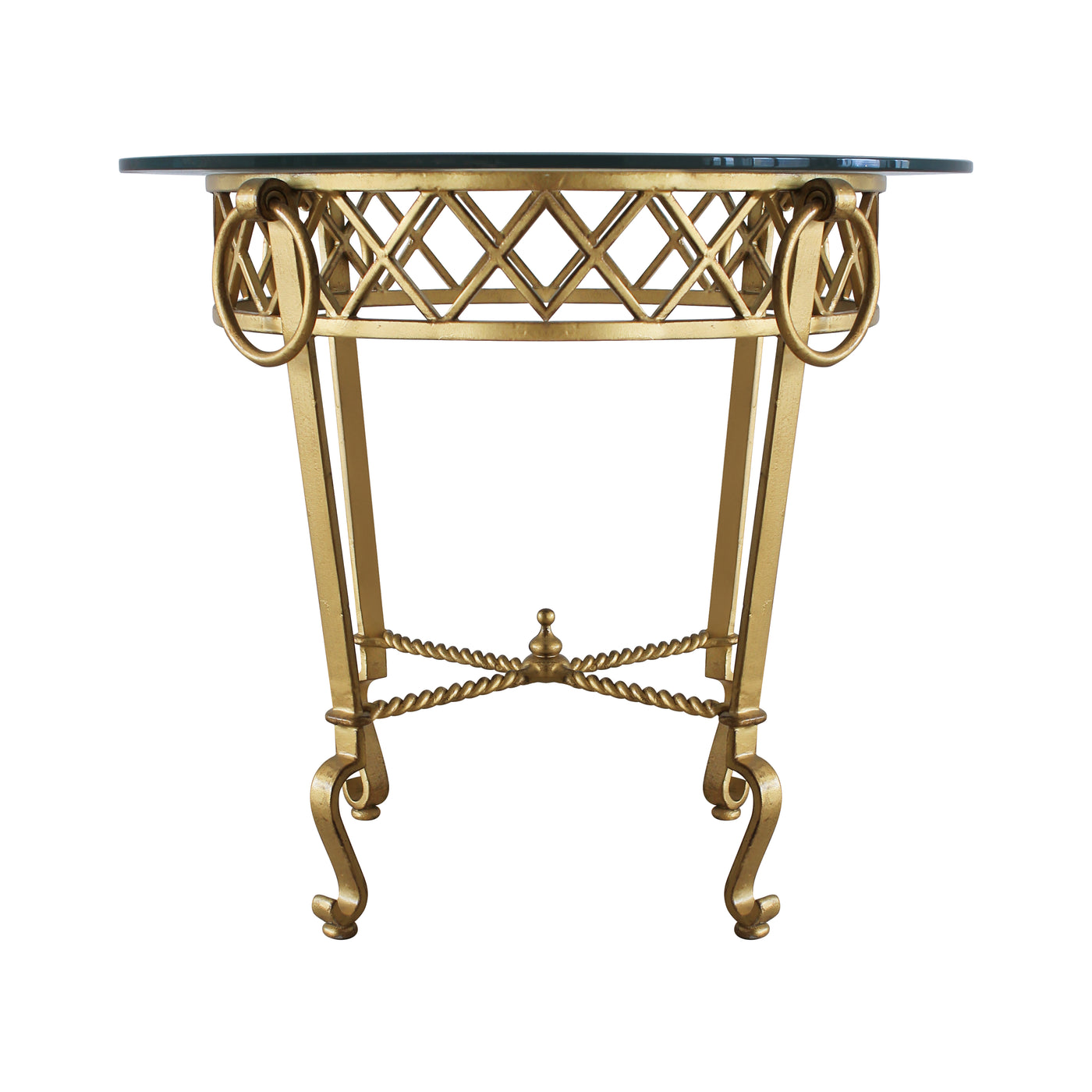 Frontal view of a classical wrought iron table painted in antique gold finish and topped with clear glass