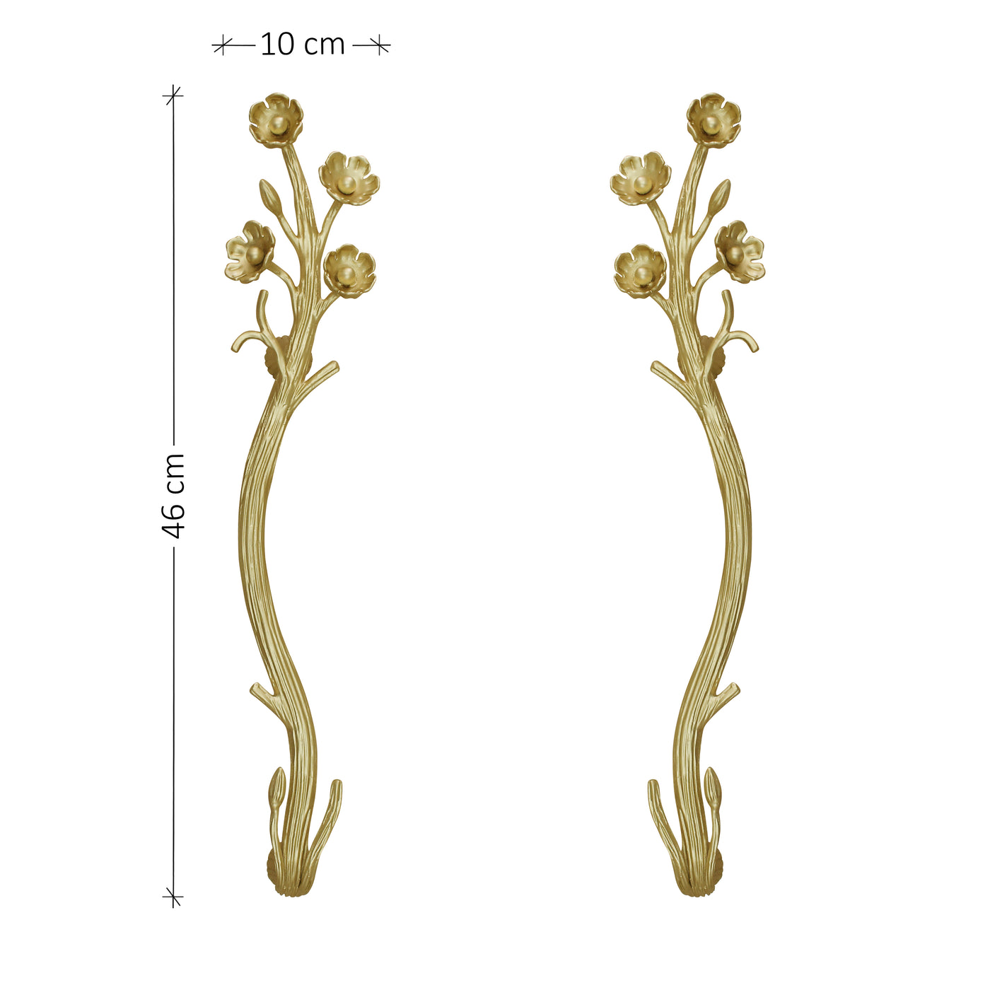 Flowers and branches themed steel door pull handles in gold color; with annotated dimensions