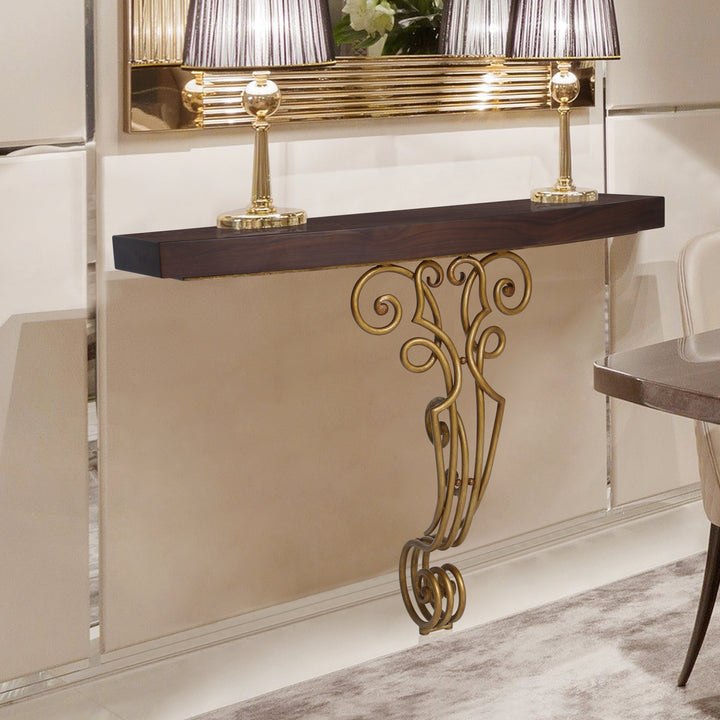 Classical console with a wrought iron base in a bronze painted finish, topped with wood in a luxurious living space