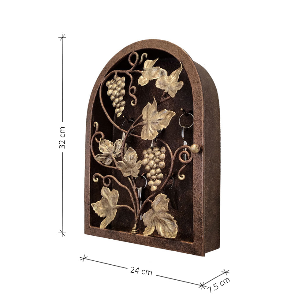 Side view of arched rustic key cabinet inspired from grape vines with annotated dimensions