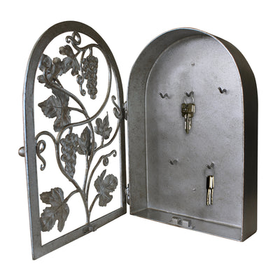 Opened arched rustic key cabinet with five hangers inspired from grape vines painted in antique silver